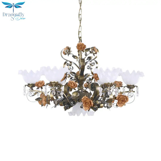 Scalloped Bedroom Ceiling Chandelier American Flower Metal 6/7/9 Heads Bronze Hanging Light Fixture