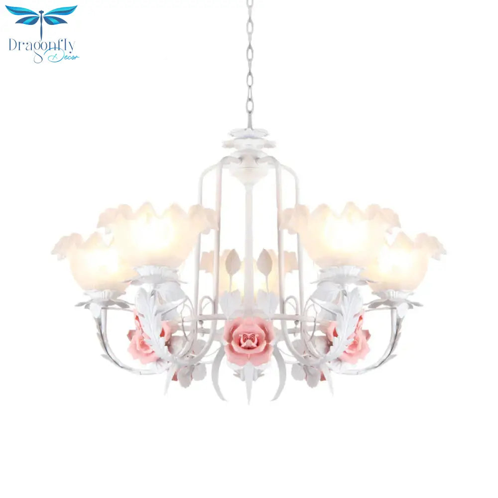 Scalloped Bedroom Chandelier Lighting Fixture Pastoral White Glass 5/7 Lights Pink Led Hanging