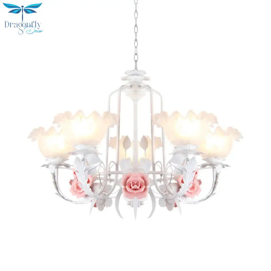Scalloped Bedroom Chandelier Lighting Fixture Pastoral White Glass 5/7 Lights Pink Led Hanging
