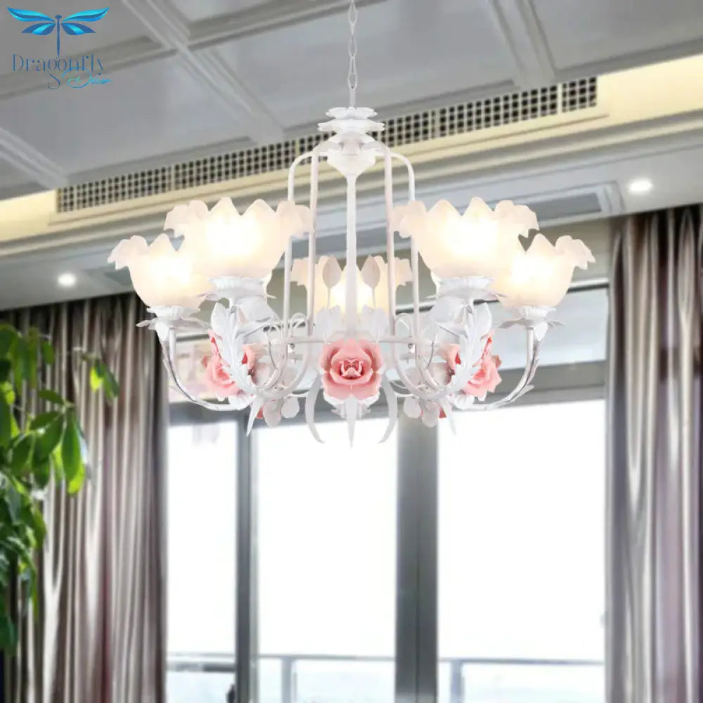 Scalloped Bedroom Chandelier Lighting Fixture Pastoral White Glass 5/7 Lights Pink Led Hanging