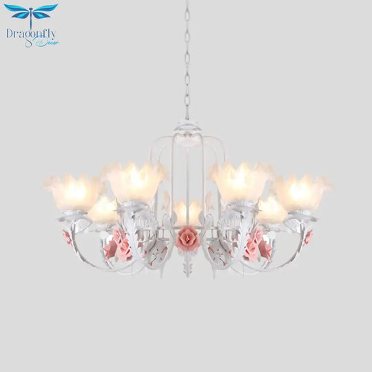 Scalloped Bedroom Chandelier Lighting Fixture Pastoral White Glass 5/7 Lights Pink Led Hanging