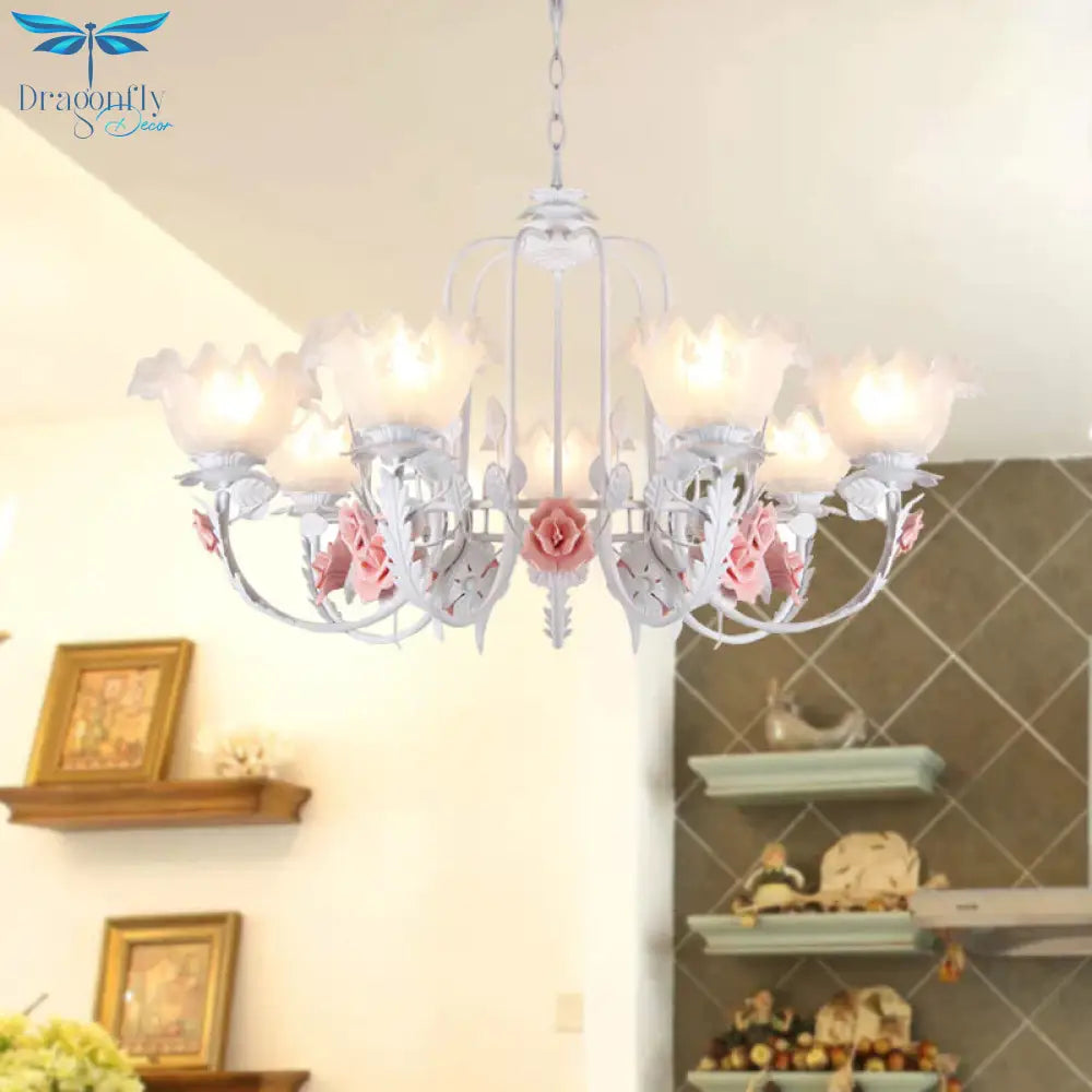 Scalloped Bedroom Chandelier Lighting Fixture Pastoral White Glass 5/7 Lights Pink Led Hanging
