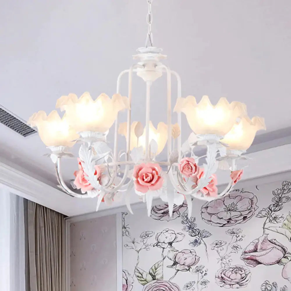 Scalloped Bedroom Chandelier Lighting Fixture Pastoral White Glass 5/7 Lights Pink Led Hanging