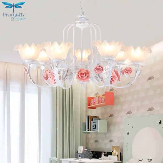 Scalloped Bedroom Chandelier Lighting Fixture Pastoral White Glass 5/7 Lights Pink Led Hanging