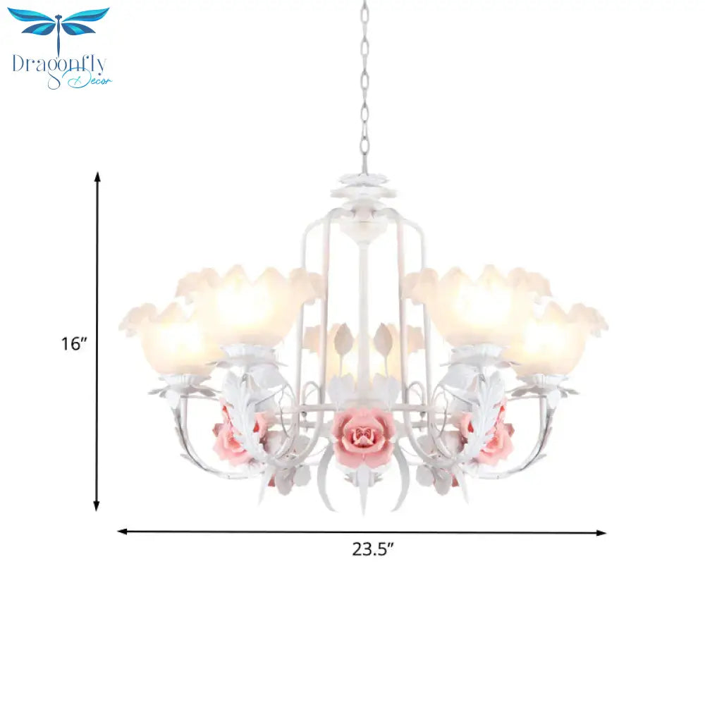 Scalloped Bedroom Chandelier Lighting Fixture Pastoral White Glass 5/7 Lights Pink Led Hanging