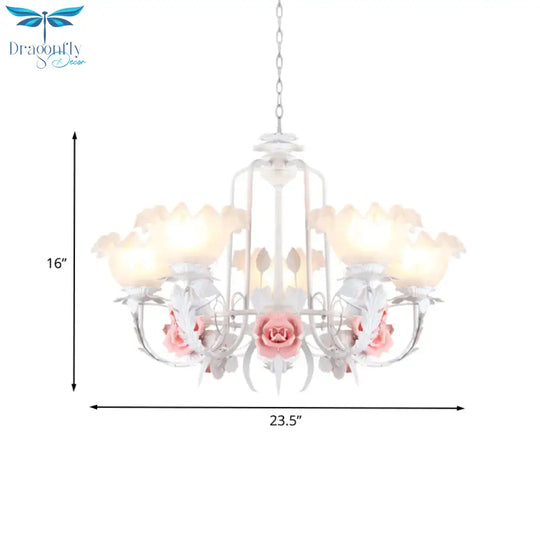 Scalloped Bedroom Chandelier Lighting Fixture Pastoral White Glass 5/7 Lights Pink Led Hanging