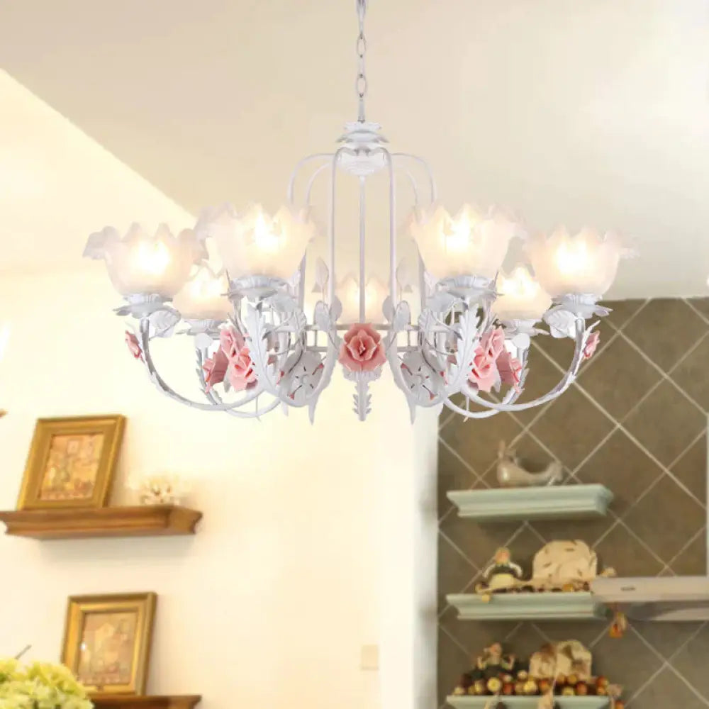 Scalloped Bedroom Chandelier Lighting Fixture Pastoral White Glass 5/7 Lights Pink Led Hanging