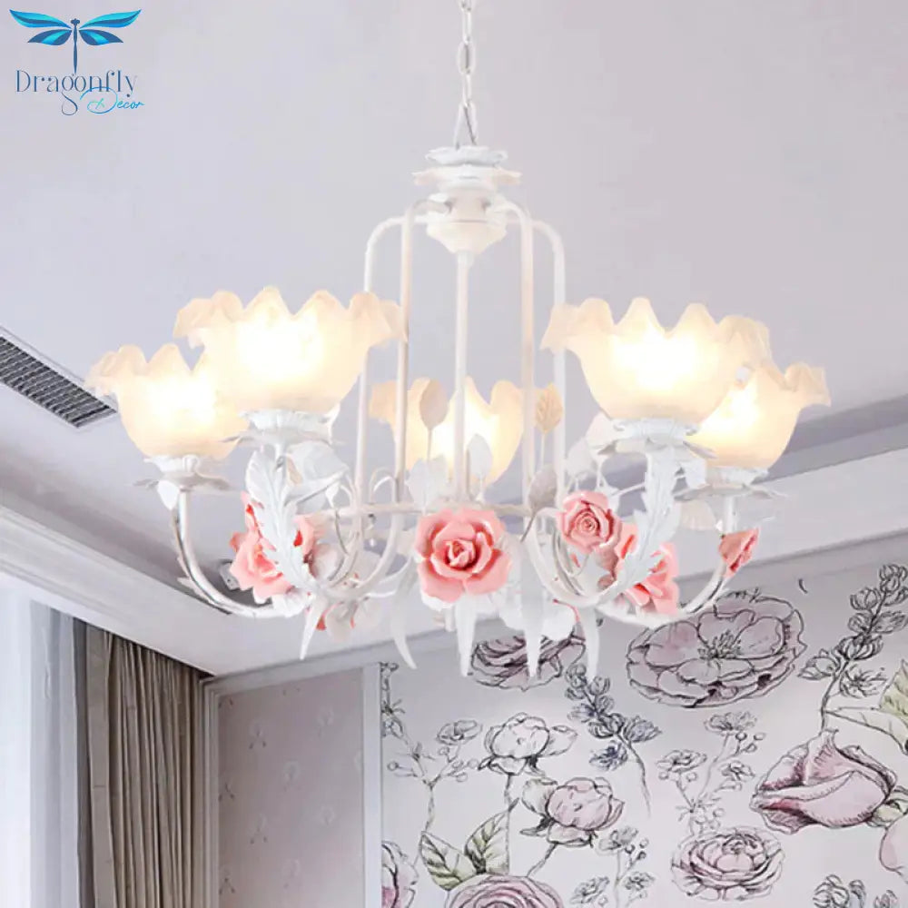Scalloped Bedroom Chandelier Lighting Fixture Pastoral White Glass 5/7 Lights Pink Led Hanging