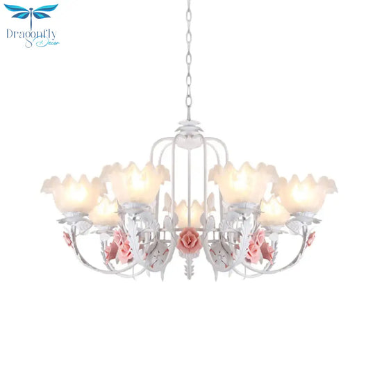 Scalloped Bedroom Chandelier Lighting Fixture Pastoral White Glass 5/7 Lights Pink Led Hanging