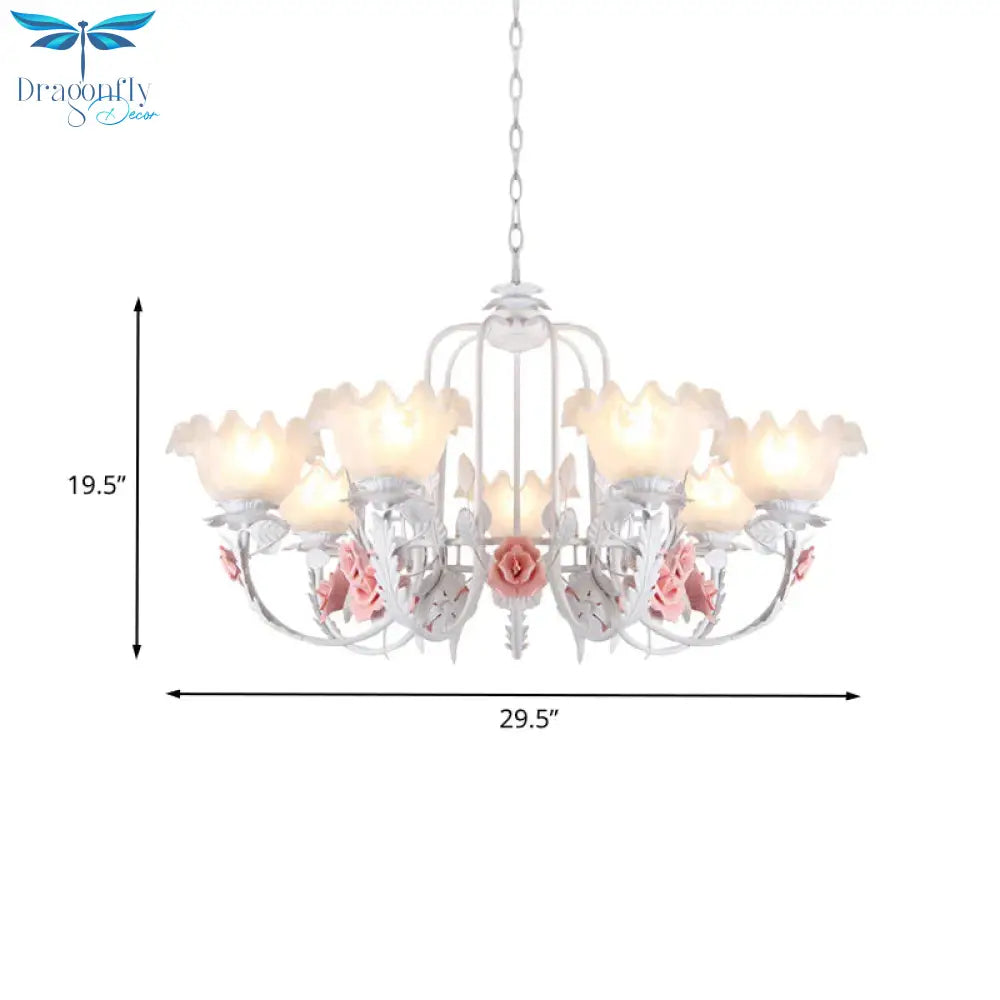 Scalloped Bedroom Chandelier Lighting Fixture Pastoral White Glass 5/7 Lights Pink Led Hanging