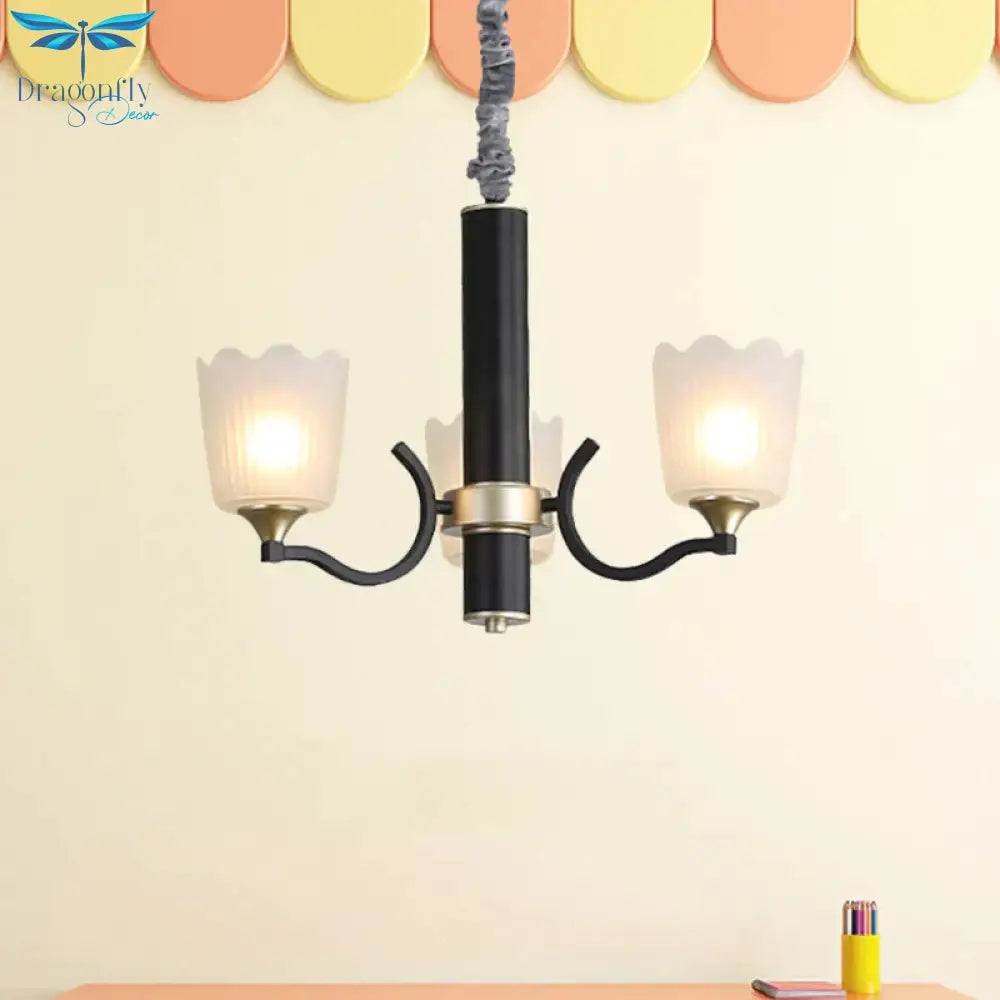 Scalloped Cup Shape Living Room Pendant Traditional Opal Ribbed Glass 3/6/8 - Bulb Black Ceiling