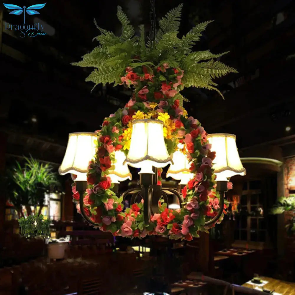 Scalloped Fabric Chandelier Light Warehouse 4 Bulbs Restaurant Suspension Lighting In Green With