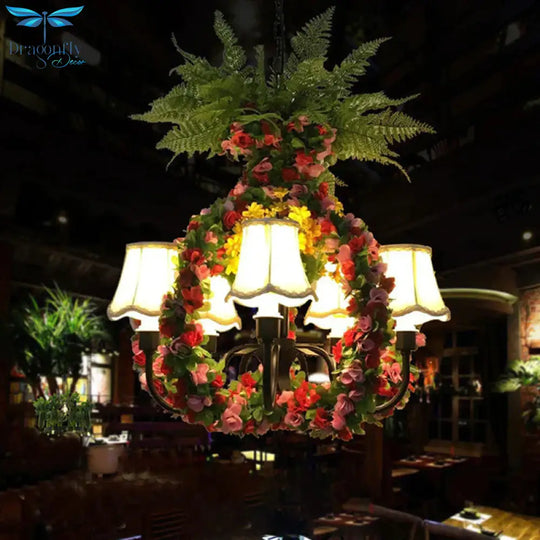 Scalloped Fabric Chandelier Light Warehouse 4 Bulbs Restaurant Suspension Lighting In Green With