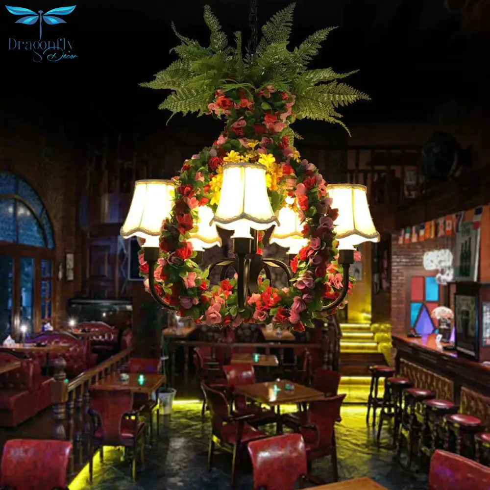 Scalloped Fabric Chandelier Light Warehouse 4 Bulbs Restaurant Suspension Lighting In Green With