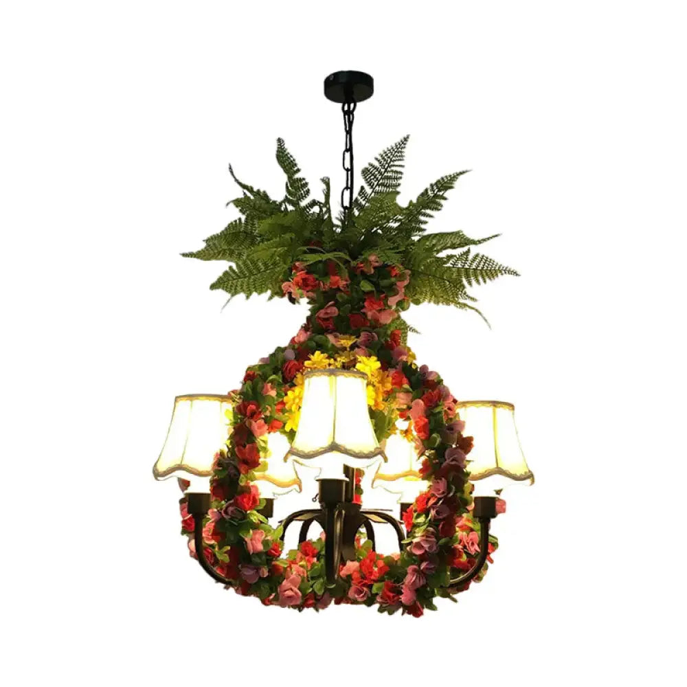 Scalloped Fabric Chandelier Light Warehouse 4 Bulbs Restaurant Suspension Lighting In Green With