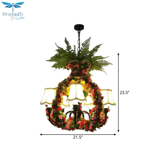 Scalloped Fabric Chandelier Light Warehouse 4 Bulbs Restaurant Suspension Lighting In Green With