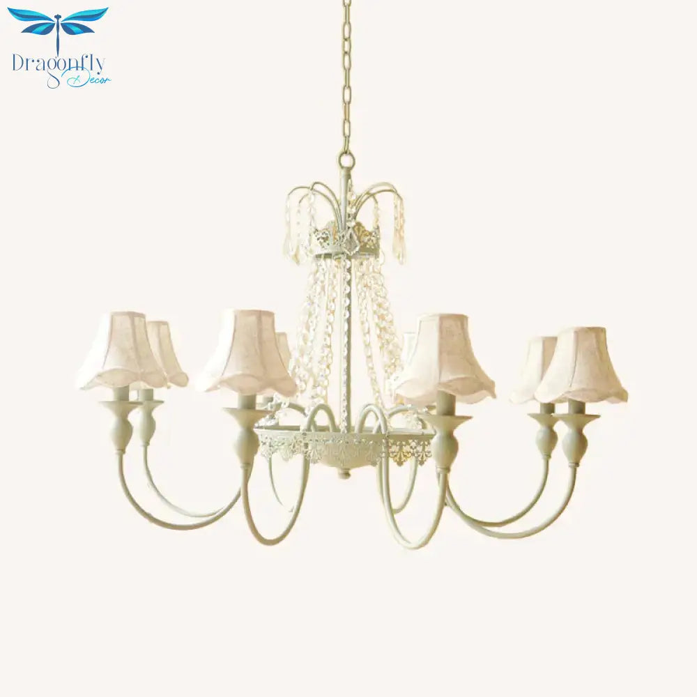 Scalloped Living Room Hanging Light Traditional Fabric 6/8 Lights Green Pendant Fixture