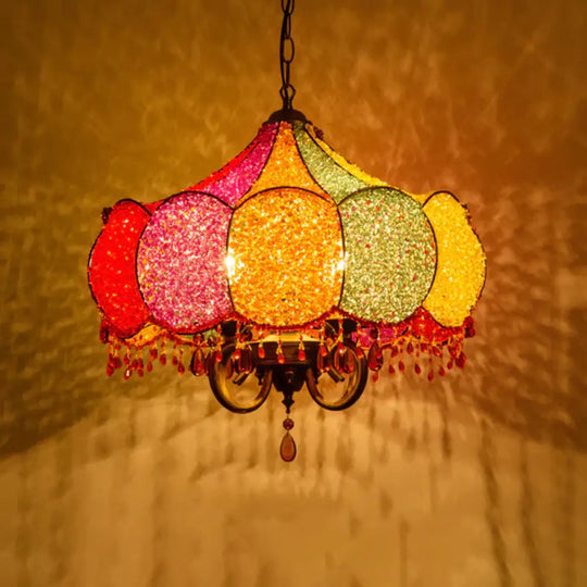 Scalloped Restaurant Chandelier Lighting Bohemian Metal 4 Bulbs Pink/Yellow Pendant Light Fixture