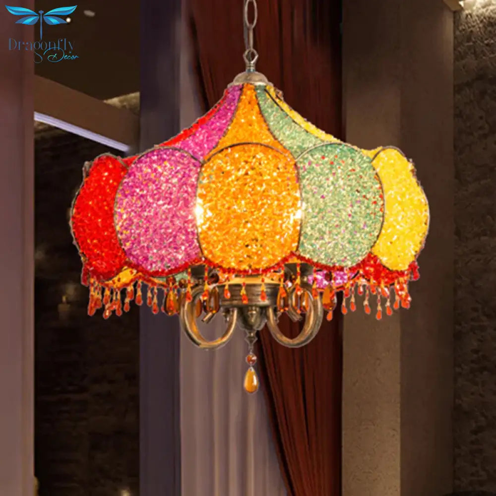 Scalloped Restaurant Chandelier Lighting Bohemian Metal 4 Bulbs Pink/Yellow Pendant Light Fixture