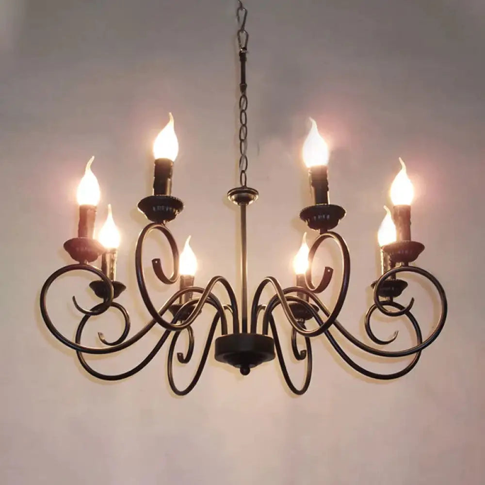 Scrolled Arm Metal Hanging Chandelier Tradition 8 Bulbs Ceiling Pendant Light In Black