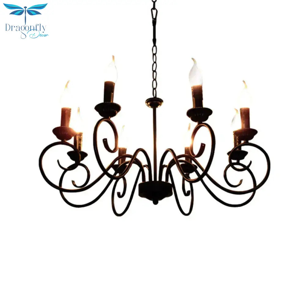 Scrolled Arm Metal Hanging Chandelier Tradition 8 Bulbs Ceiling Pendant Light In Black