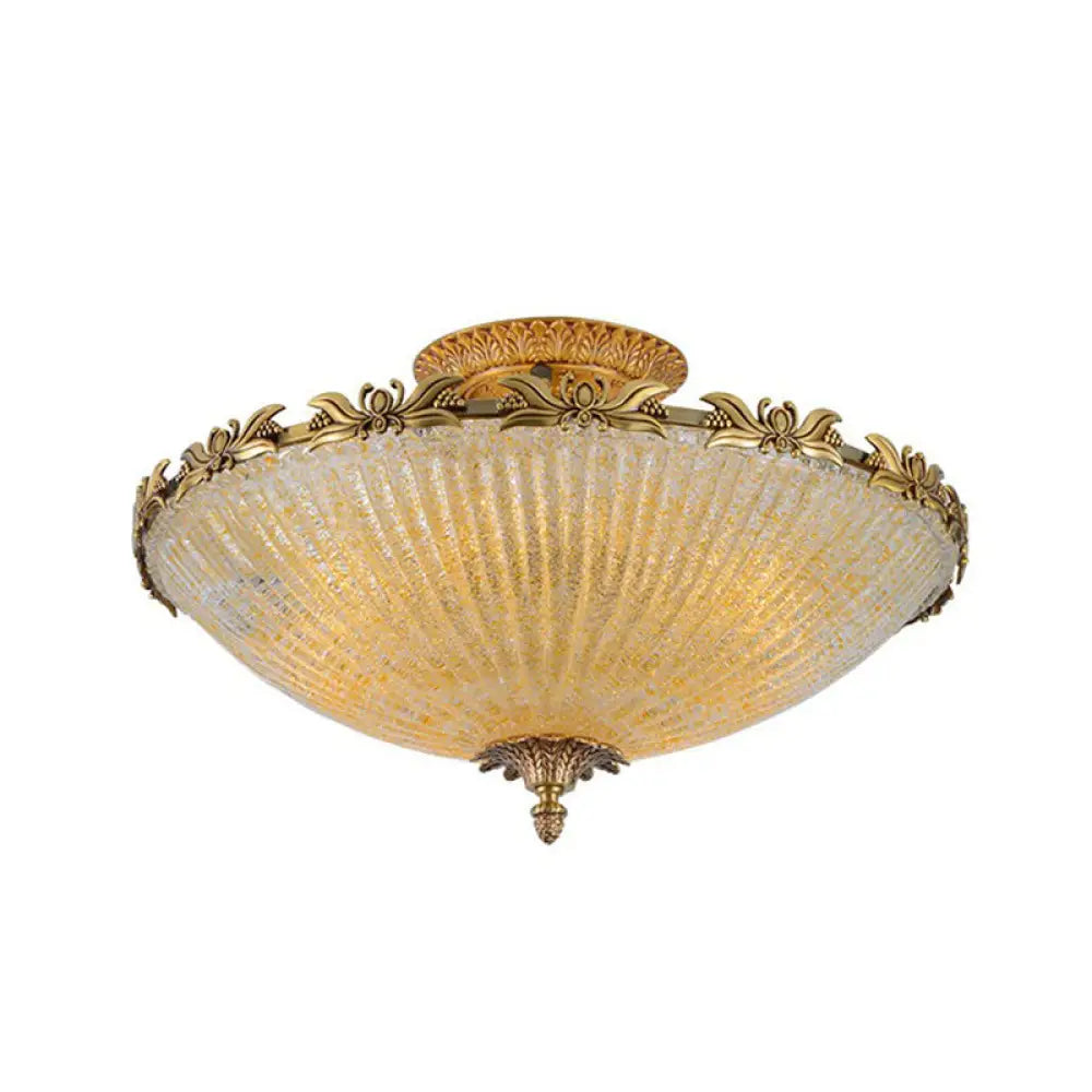 Semi Mount Lighting In Brass With Antiqued Bowl Shaped Flush Light And Clear Variegated Glass /