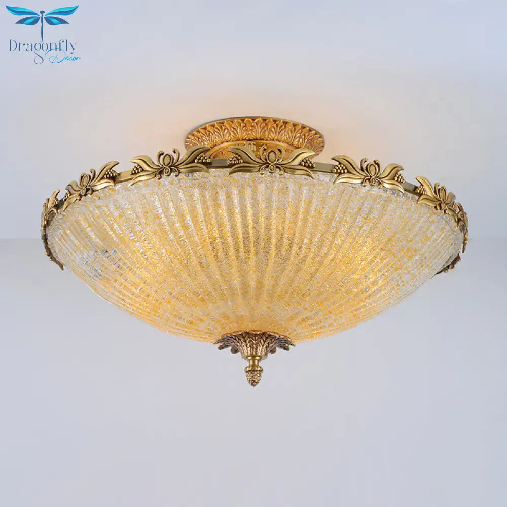 Semi Mount Lighting In Brass With Antiqued Bowl Shaped Flush Light And Clear Variegated Glass