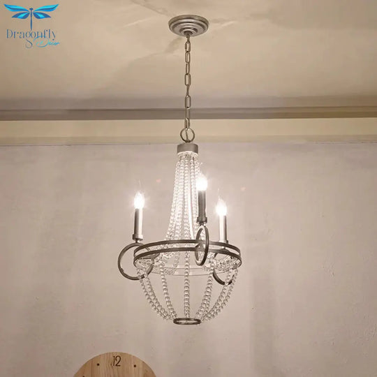 Silver 3 Bulbs Pendant Chandelier Rustic Crystal Bead Candelabra Suspension Light For Dining Room