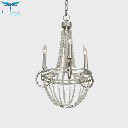 Silver 3 Bulbs Pendant Chandelier Rustic Crystal Bead Candelabra Suspension Light For Dining Room