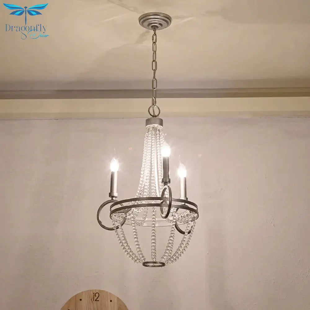 Silver 3 Bulbs Pendant Chandelier Rustic Crystal Bead Candelabra Suspension Light For Dining Room
