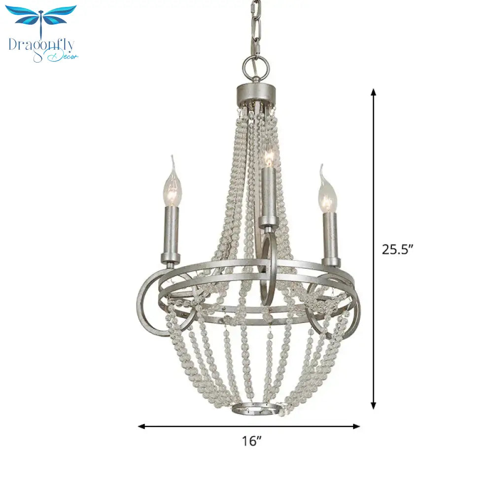 Silver 3 Bulbs Pendant Chandelier Rustic Crystal Bead Candelabra Suspension Light For Dining Room