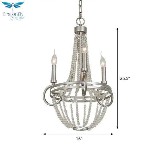 Silver 3 Bulbs Pendant Chandelier Rustic Crystal Bead Candelabra Suspension Light For Dining Room