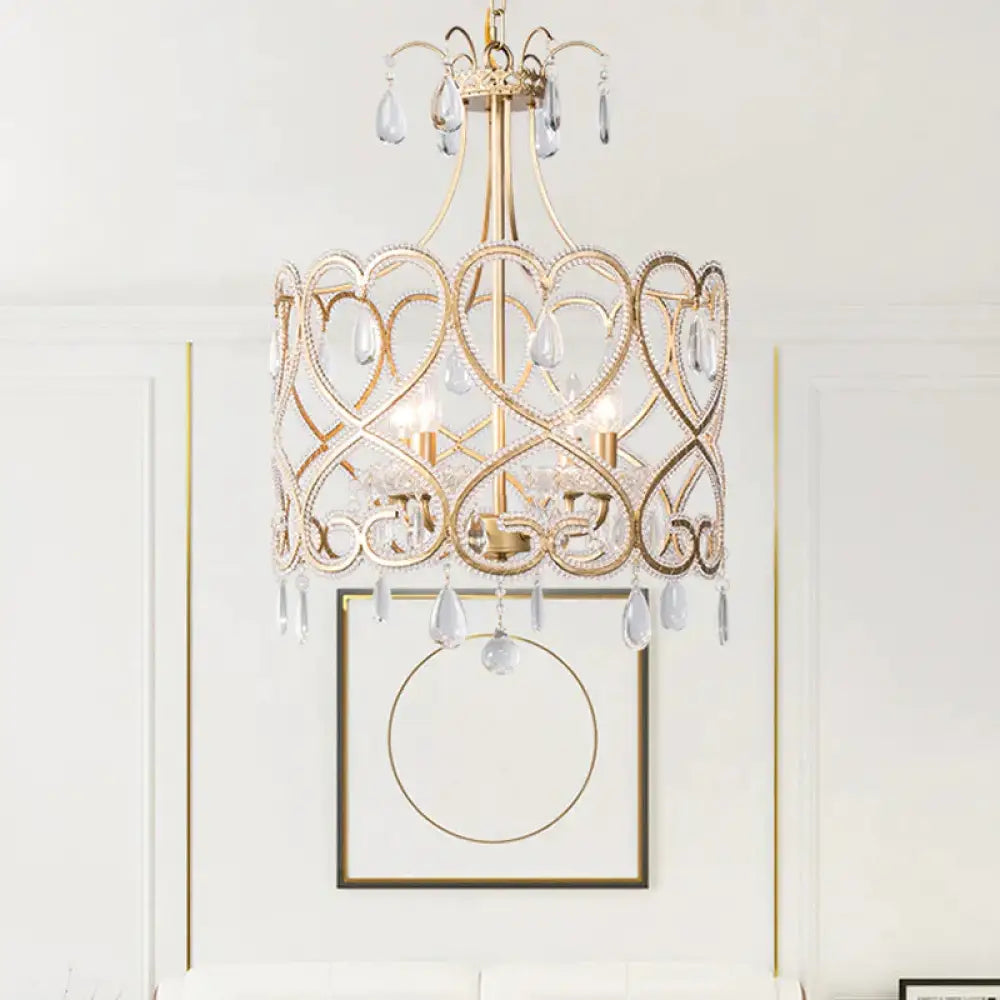 Silver 4 Lights Chandelier Antique Crystal Beaded Drum Hanging Lamp With Swirl Pattern