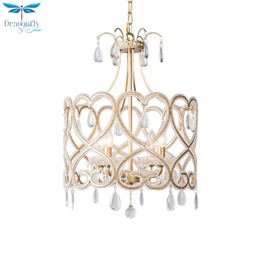 Silver 4 Lights Chandelier Antique Crystal Beaded Drum Hanging Lamp With Swirl Pattern