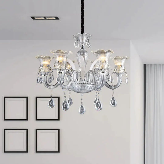 Silver 6/8 Lights Chandelier Light Traditional Clear Ribbed Glass Flower Pendant Lamp With Crystal