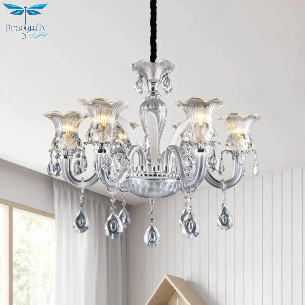Silver 6/8 Lights Chandelier Light Traditional Clear Ribbed Glass Flower Pendant Lamp With Crystal