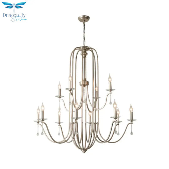 Silver 9/12 Lights Chandelier Lamp Rustic Crystal Layered Suspension Pendant Light For Living Room