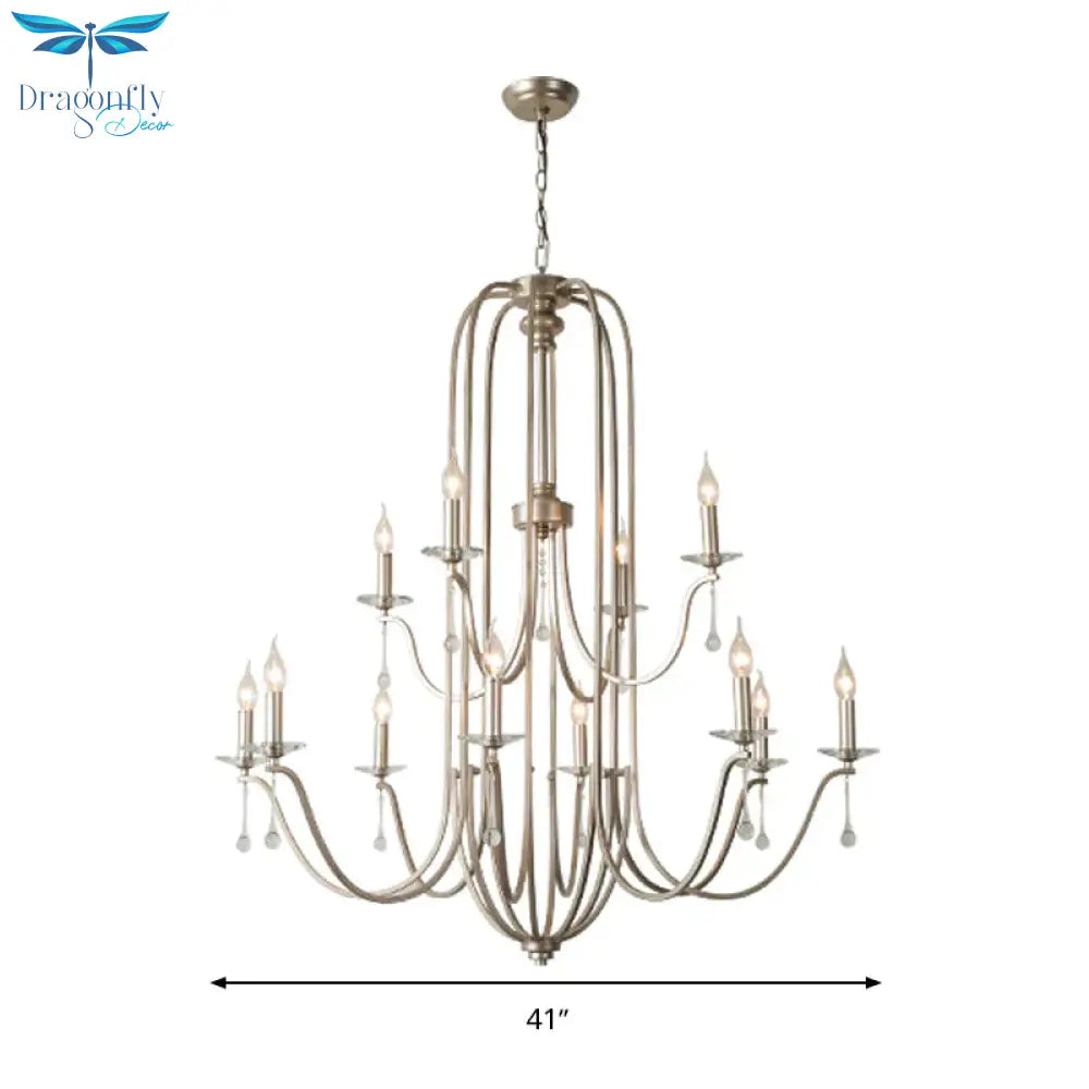 Silver 9/12 Lights Chandelier Lamp Rustic Crystal Layered Suspension Pendant Light For Living Room