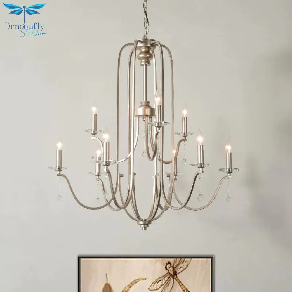 Silver 9/12 Lights Chandelier Lamp Rustic Crystal Layered Suspension Pendant Light For Living Room
