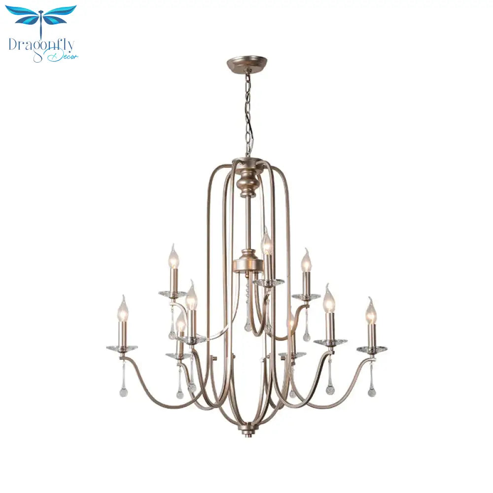 Silver 9/12 Lights Chandelier Lamp Rustic Crystal Layered Suspension Pendant Light For Living Room