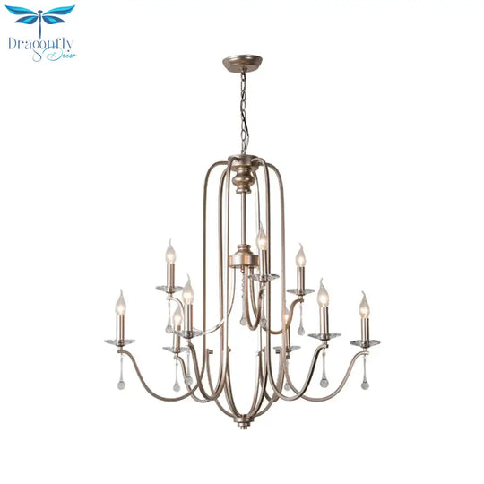 Silver 9/12 Lights Chandelier Lamp Rustic Crystal Layered Suspension Pendant Light For Living Room