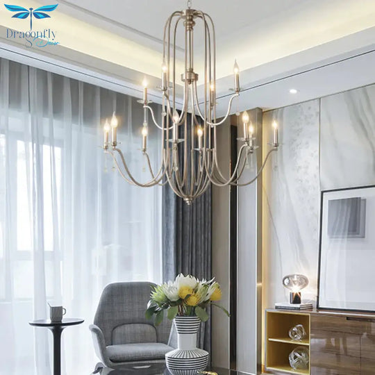 Silver 9/12 Lights Chandelier Lamp Rustic Crystal Layered Suspension Pendant Light For Living Room