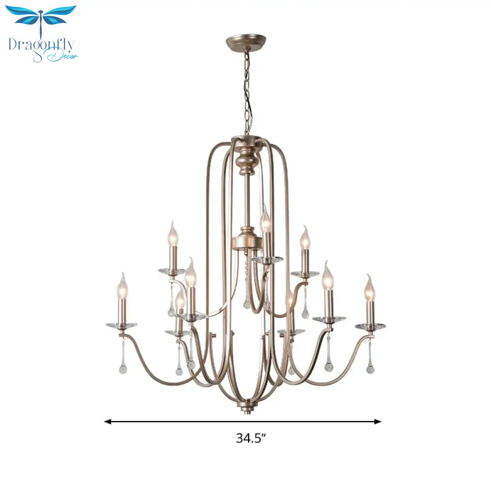 Silver 9/12 Lights Chandelier Lamp Rustic Crystal Layered Suspension Pendant Light For Living Room
