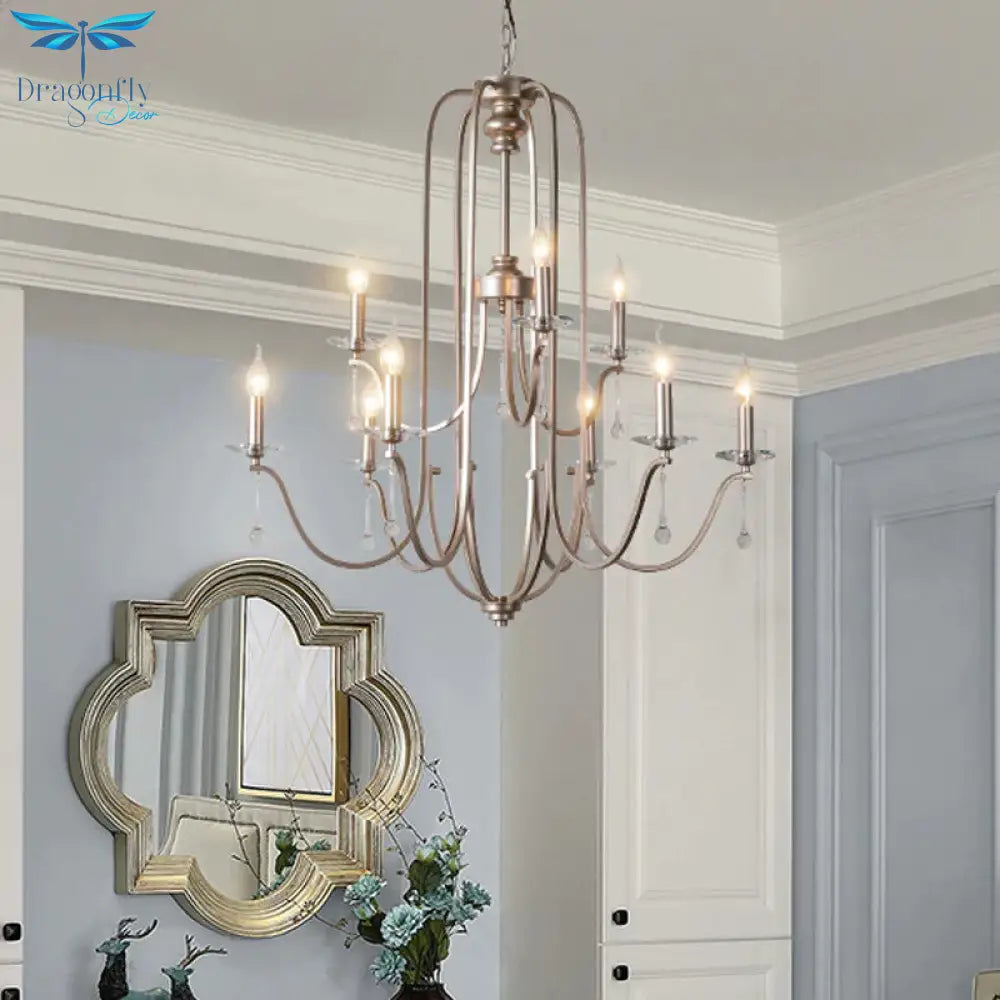 Silver 9/12 Lights Chandelier Lamp Rustic Crystal Layered Suspension Pendant Light For Living Room