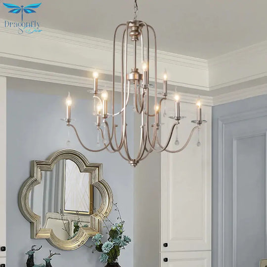 Silver 9/12 Lights Chandelier Lamp Rustic Crystal Layered Suspension Pendant Light For Living Room