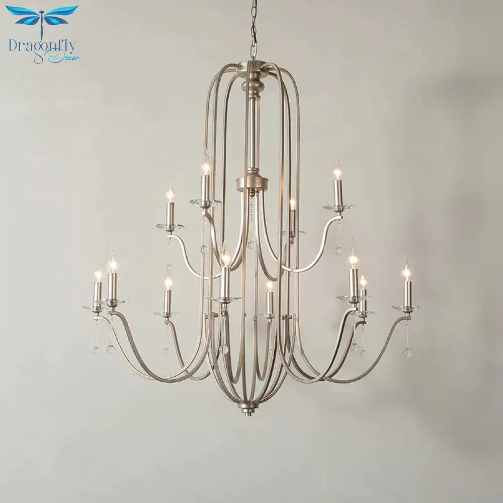 Silver 9/12 Lights Chandelier Lamp Rustic Crystal Layered Suspension Pendant Light For Living Room