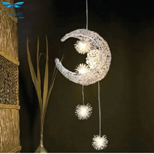 Silver Aluminum Fairy Moon And Star Cord Pendant Lamp For Girl Bedroom Decoration Hanging
