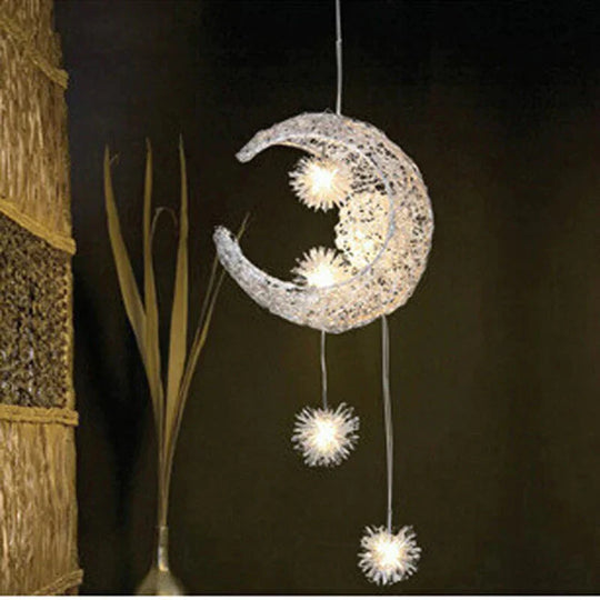 Silver Aluminum Fairy Moon And Star Cord Pendant Lamp For Girl Bedroom Decoration Hanging