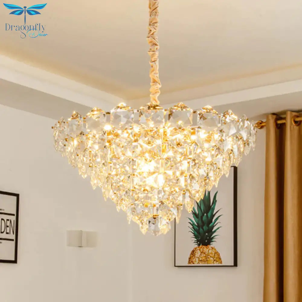 Simple Tapered Hexagon Crystal Hanging Lamp 8 Lights Chandelier Light Fixture In Gold