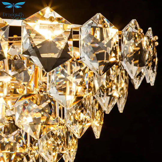 Simple Tapered Hexagon Crystal Hanging Lamp 8 Lights Chandelier Light Fixture In Gold